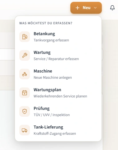 FLEET Schnellerfassung: Betankung, Wartung, Prüfung, Tank-Lieferung
