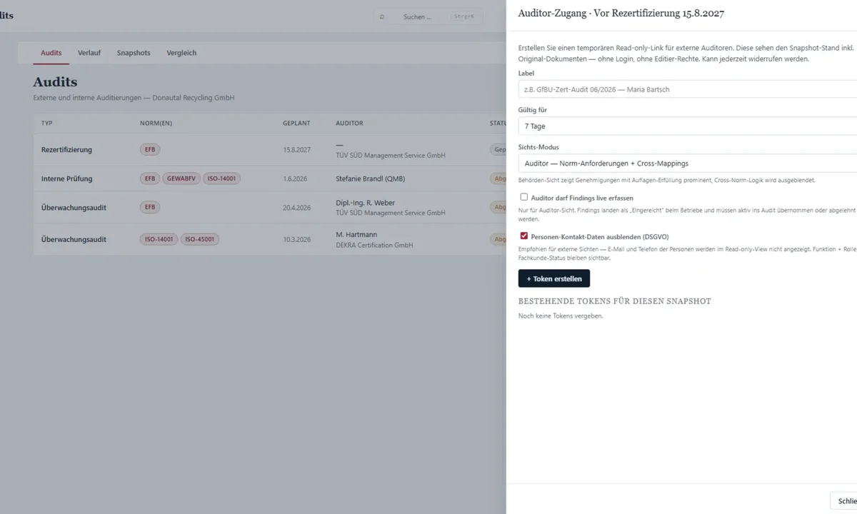 Norm-Ansicht in traqto LOOP mit Status und Nachweisen — die Ansicht, die auch der Auditor sieht
